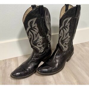 Cowtown Vibram Sole Leather Cowboy Classic Black‎ White Thread Cowboy Boots 12